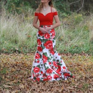 A red homecoming dress. Floral skirt